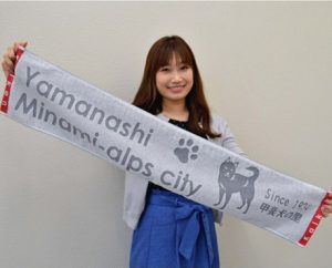 「甲斐犬の里」をＰＲするために作ったタオル＝南アルプス市役所