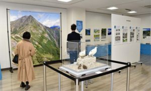 南アルプスエコパークについて紹介している展覧会＝南アルプス市立美術館